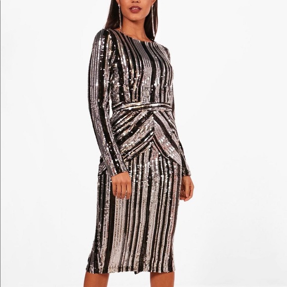 black and silver striped sequin dress